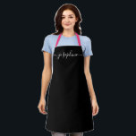 Simple Black White Chic Elegant Name Script Apron<br><div class="desc">She'll love a personalised apron as she bakes those goodies,  cooks delicious dishes or work with her plants. A perfect gift to encourage her talents. Black script for the name with long-tail embellishments on black.</div>