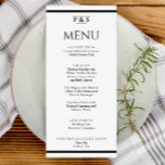 Simple Black & White Chic Monogram Dinner Wedding  Menu<br><div class="desc">A black and white elegant minimalist chic wedding dinner menu. Which features chic template design of solid white background and black typography . And monogram or initials at the top. With black stripes at the bottom and top.</div>