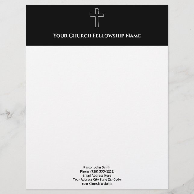 Simple Black White Cross Outline Church Pastor Custom Letterhead (Front)