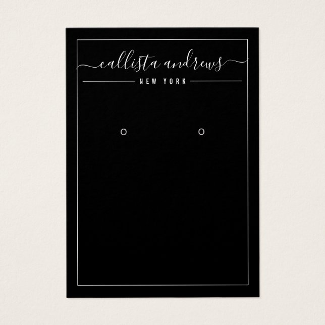 Simple Black White Cursive Earring Display Card (Front)