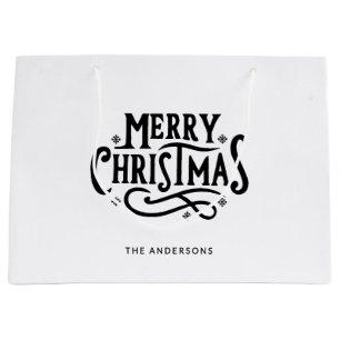 Simple Black & White Custom Name Merry Christmas Large Gift Bag