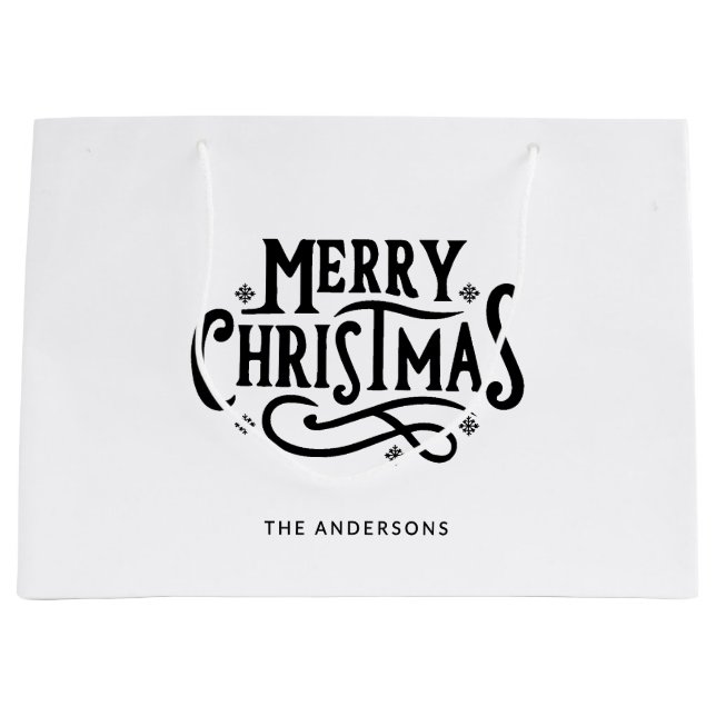Simple Black & White Custom Name Merry Christmas Large Gift Bag (Front)