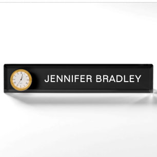 Simple Black White Custom Name with Clock Nameplate