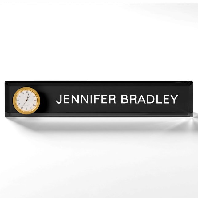 Simple Black White Custom Name with Clock Nameplate (Front)