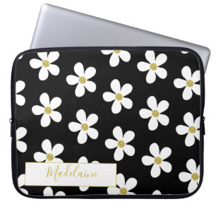 Simple Black White Daisy Pattern Gold Personal Laptop Sleeve