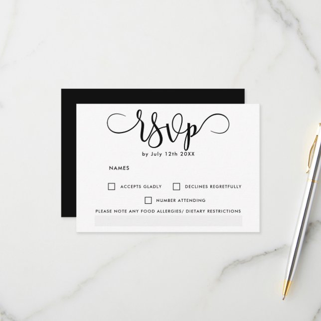 Simple black white elegant chic rsvp wedding card (Front/Back In Situ)