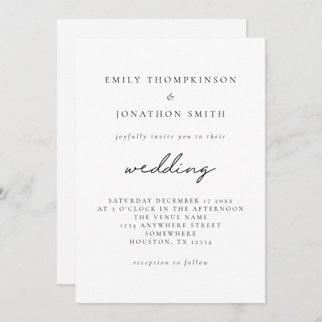 Simple Black White Elegant Script Wedding Invitation (Front/Back)
