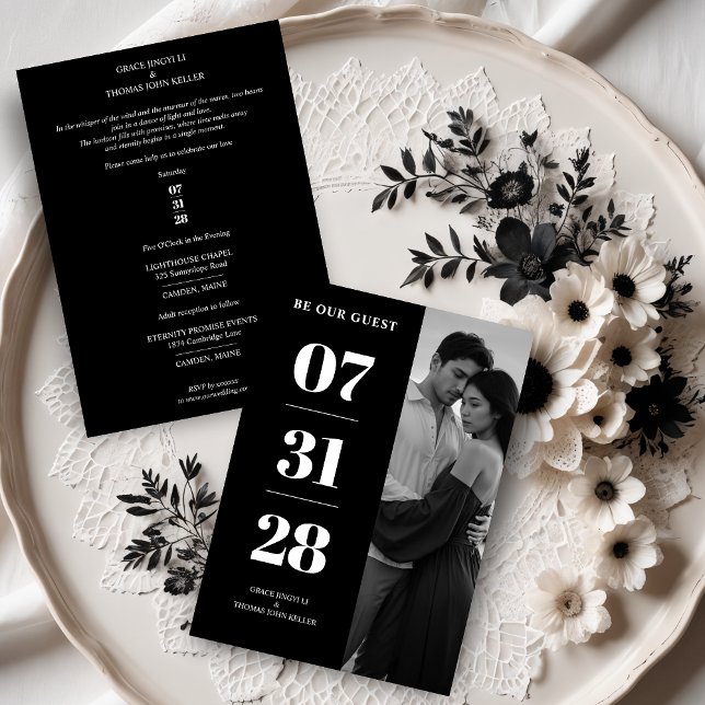 Simple Black & White Enchanting & Delicate Minimal Invitation (Simple Black & White Enchanting and Delicate Minimalist Photo Wedding Save the Dates Cards. )