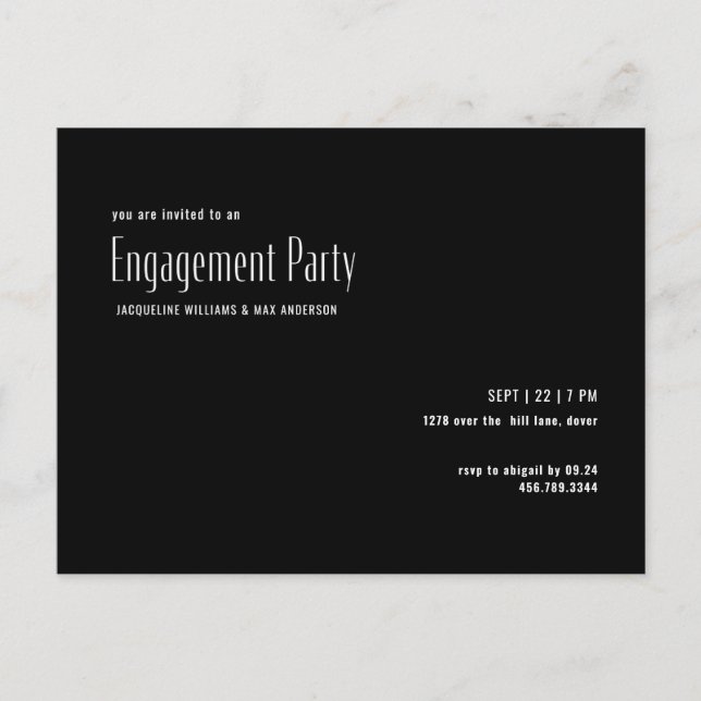 Simple Black & White Engagement Party Invitation Postcard (Front)