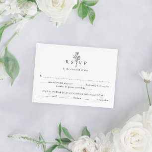 Simple Black & White Floral Horizontal Wedding RSVP Card