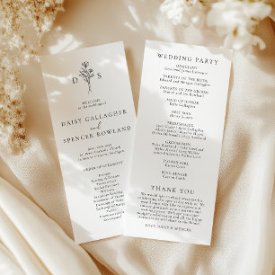 Simple Black & White Floral Monogram Tall Wedding Programme