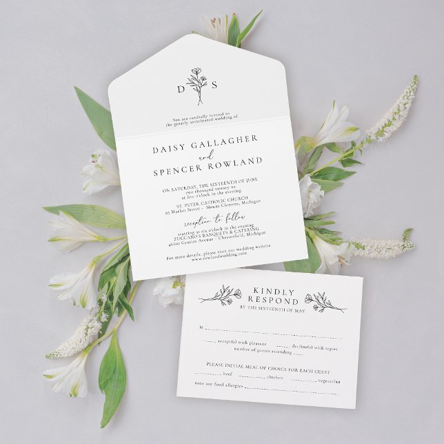 Simple Black & White Floral Monogram Wedding All In One Invitation (Creator Uploaded)