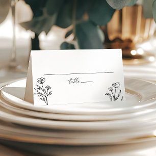 Simple Black & White Floral Outline Wedding Folded Place Card