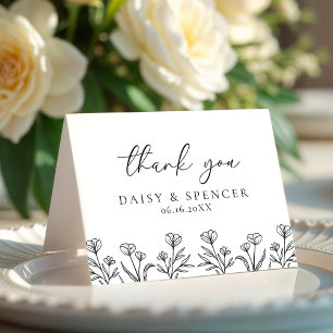 Simple Black & White Floral Outline Wedding Folded Thank You Card