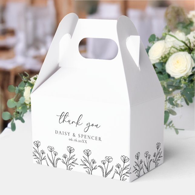 Simple Black & White Floral Outline Wedding Gable Favour Box (Creator Uploaded)