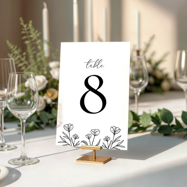 Simple Black & White Floral Outline Wedding  Table Number (Creator Uploaded)