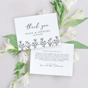 Simple Black & White Floral Outline Wedding  Thank You Card