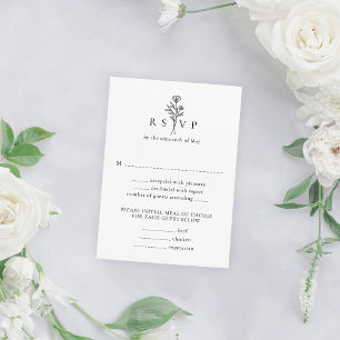 Simple Black & White Floral Vertical Wedding RSVP Card