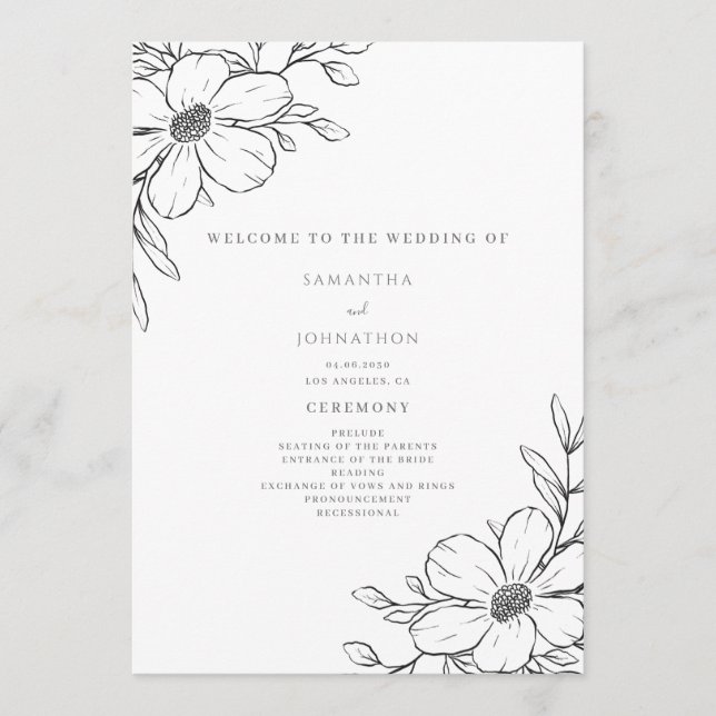 Simple Black White Floral Wedding  Programme (Front)