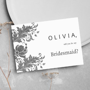 Simple black white glitter floral lace Bridesmaid Invitation