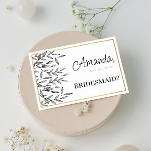 Simple black white gold floral foliage Bridesmaid Invitation
