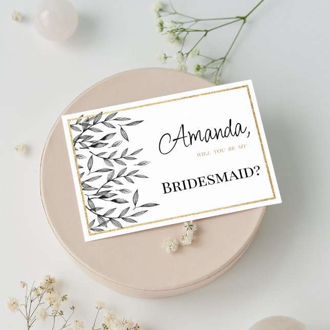 Simple black white gold floral foliage Bridesmaid Invitation (Simple black white gold floral foliage Bridesmaid )