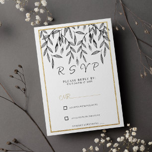 Simple black white gold floral foliage RSVP Invitation