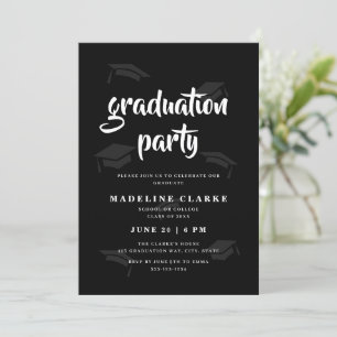 Simple Black & White Grad Cap Graduation Party Invitation