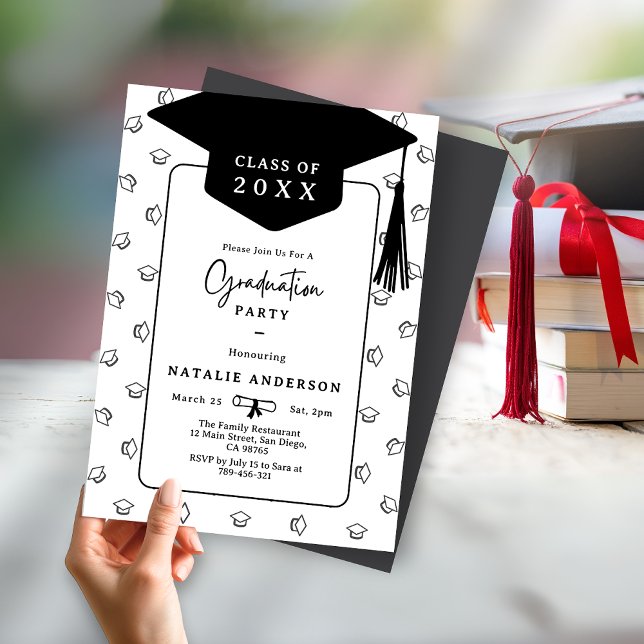 Simple Black & White Graduate Hat Graduation Party Invitation (Classy Burgundy Gold Graduate Hat Graduation Party Invitation )