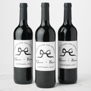 Simple Black & White Hand Drawn Bow Sketch Wedding Wine Label