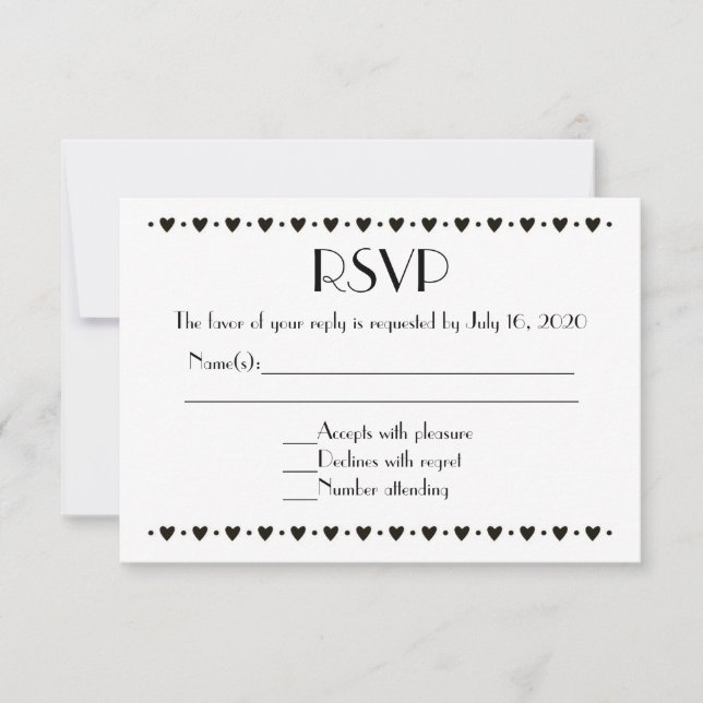 Simple black white heart border RSVP wedding cards (Front)