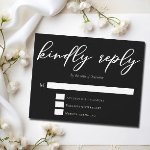 Simple Black White Kindly Reply Modern Wedding RSVP Card
