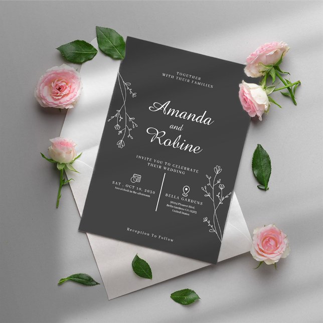 Simple Black & White Leaf Wedding Invitation (Creator Uploaded)