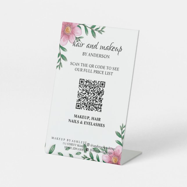 Simple black & white makeup digital QR price  Pedestal Sign (Front)