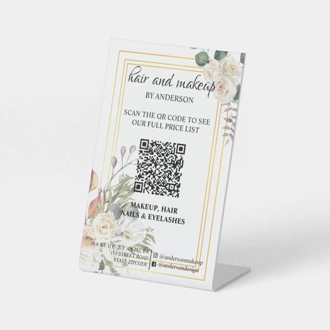 Simple black & white makeup digital QR price  Pedestal Sign (Front)