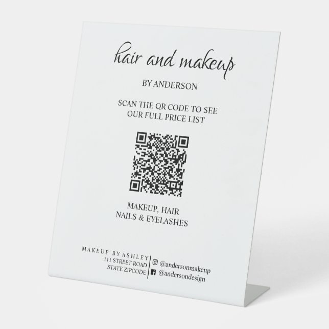 Simple black & white makeup digital QR price  Pedestal Sign (Front)