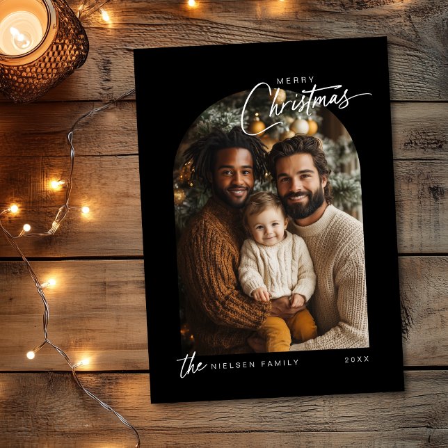 Simple Black White Merry Christmas Script Photo Holiday Card (Shown on a 5" x 7" card)