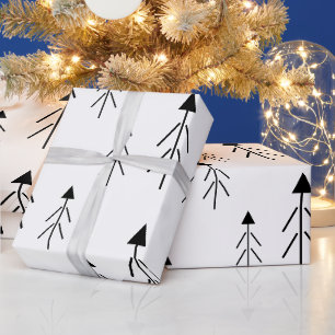 Simple Black White Merry Christmas Trees Gift Wrapping Paper