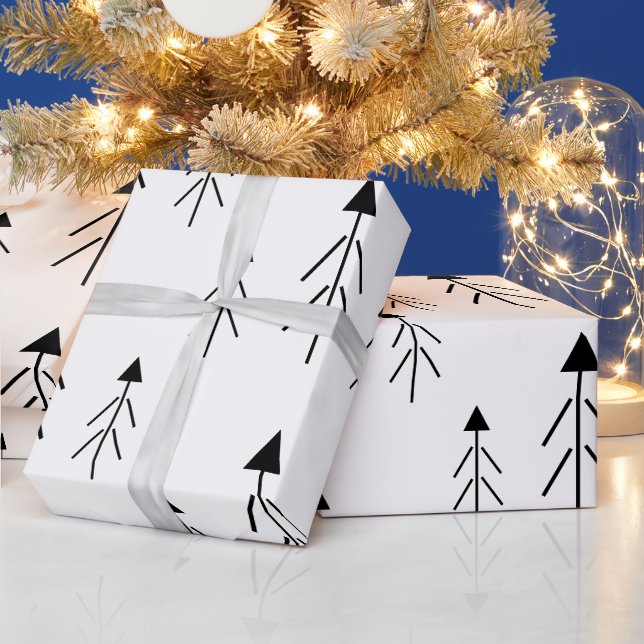 Simple Black White Merry Christmas Trees Gift Wrapping Paper (Holidays)