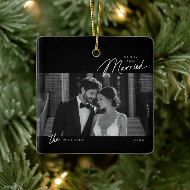 Simple Black White Merry Married Script Photo Ceramic Ornament (Tree)