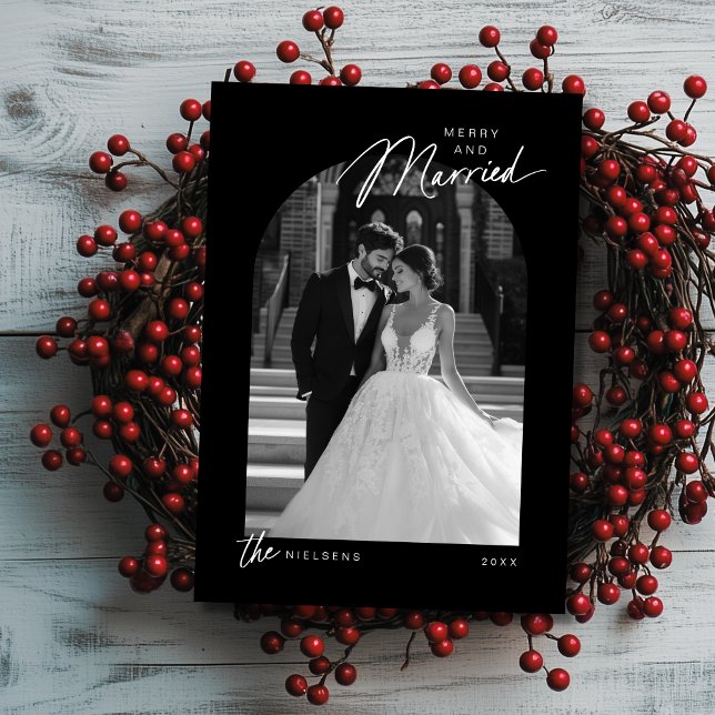Simple Black White Merry Married Script Photo Holiday Card (Shown on a 5" x 7" card)