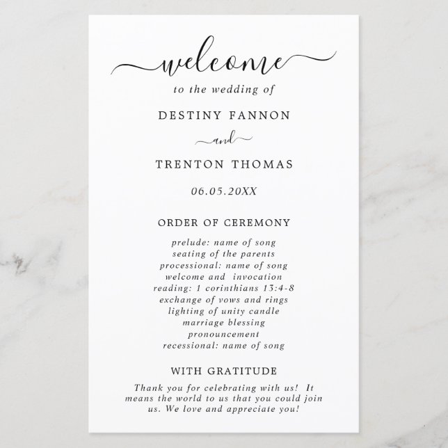 Simple Black White Minimal Elegant Wedding Program (Front)