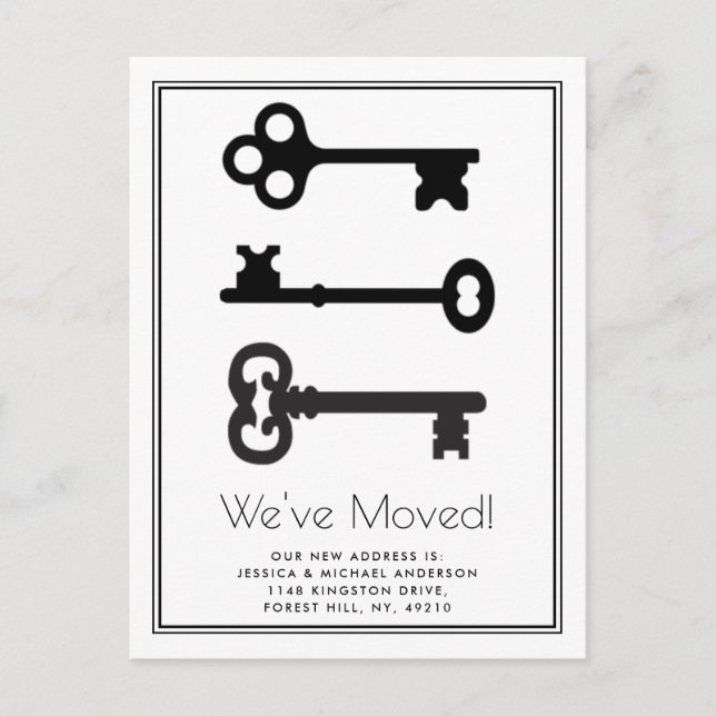 Simple Black White Minimal Key Moving Announcement Postcard (Front)