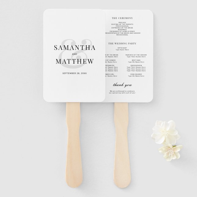 Simple Black & White Minimalist Wedding Program Hand Fan (Front and Back)