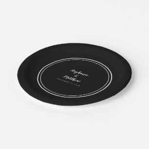 Simple Black & White Modern Bride & Groom Wedding Paper Plate