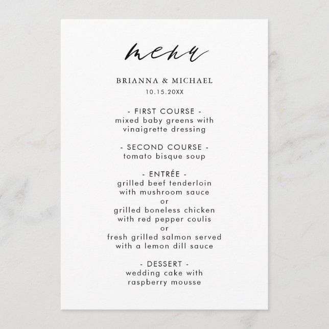 Simple Black & White Modern Calligraphy Wedding Me Menu (Front)