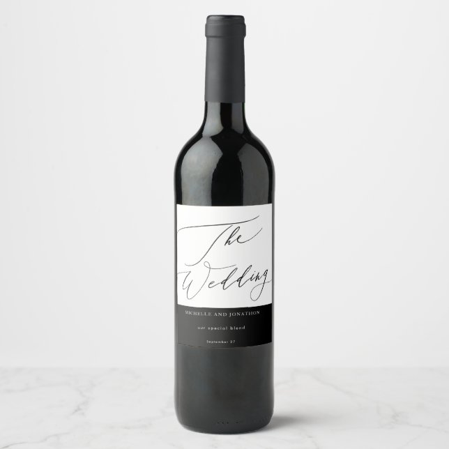 Simple Black & White Modern Calligraphy Wedding Wine Label (Front)