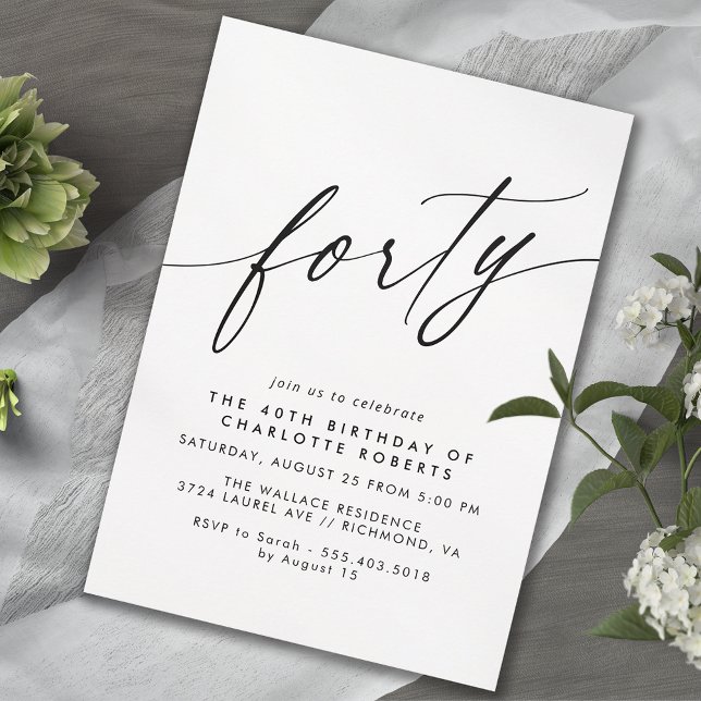 Simple Black & White Modern Minimal 40th Birthday Invitation (Creator Uploaded)