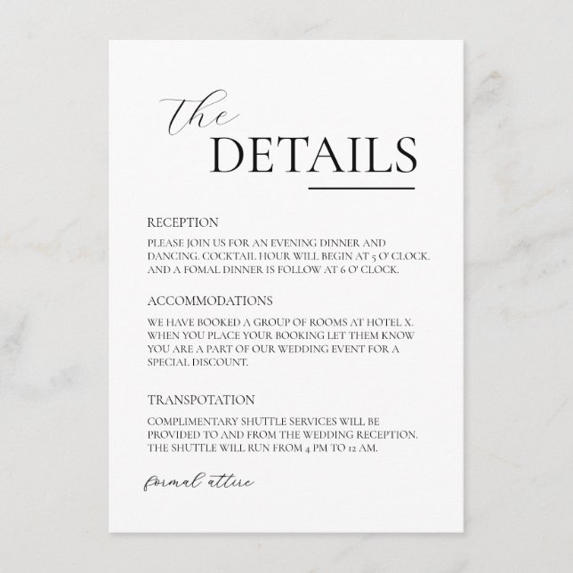 Simple Black & White Modern Minimalist Wedding  Enclosure Card (Front)