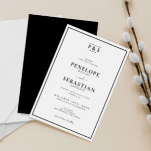 Simple Black & White Monogram Chic Wedding Invitation